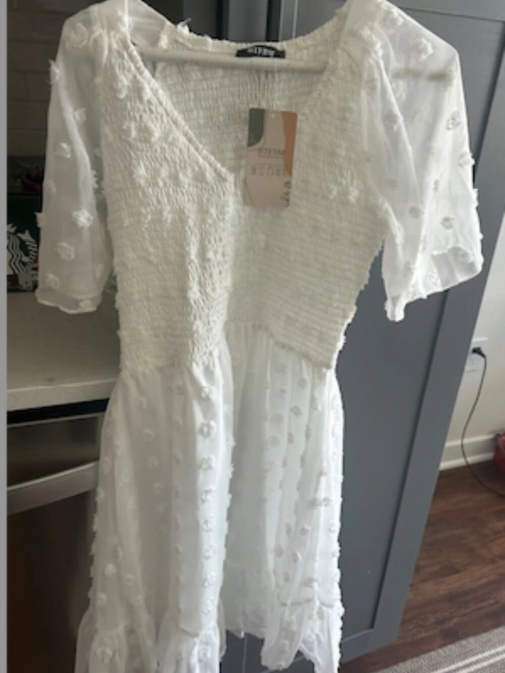 NWT Womens White Smocked Mini Dress Summer Vacation (M) - Picture 5 of 5